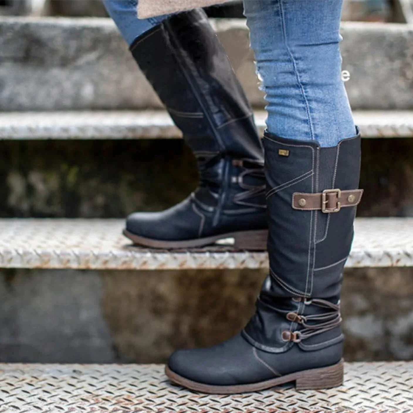 Women’s Vintage Leather Zipper High-top Wide Calf Boots