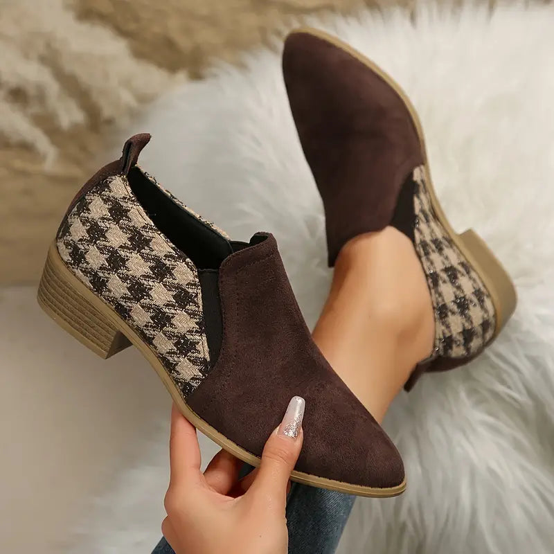 PREMIUM HOUNDSTOOTH PATTERN CHUNKY HEEL BOOTS