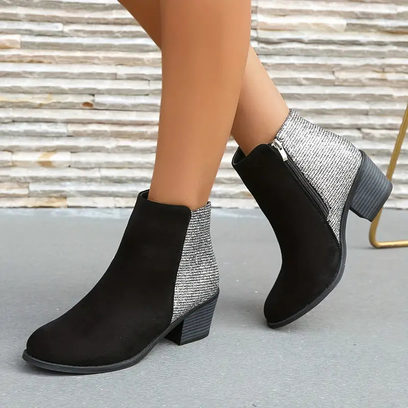 SHINY ORTHOPEDIC RHINESTONE STITCHING ANKLE BOOTS