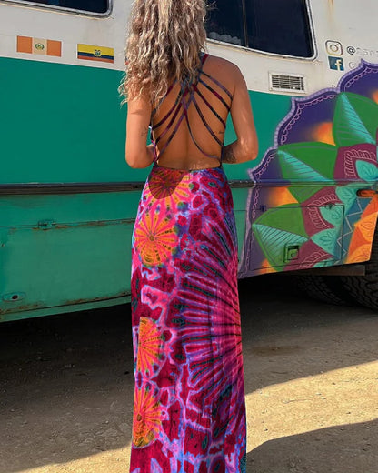 LAYIAH - LACE UP TIE DYE PRINT MAXI DRESS