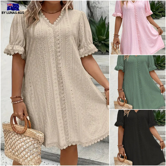 CYRENA™ PLUS SIZE ELEGANT V NECK TUNIC DRESS