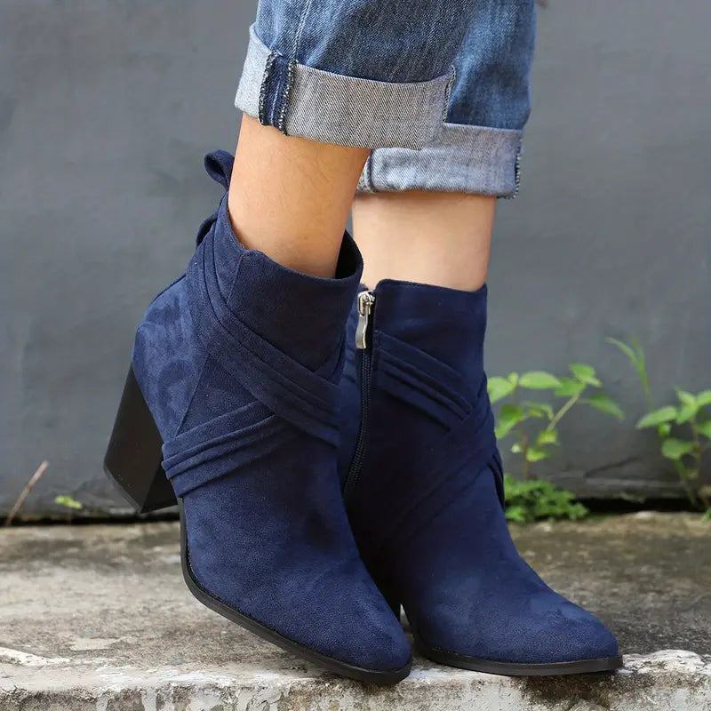 WOMEN'S SIDE ZIPPER CHUNKY HEELED ANKLE BOOTS