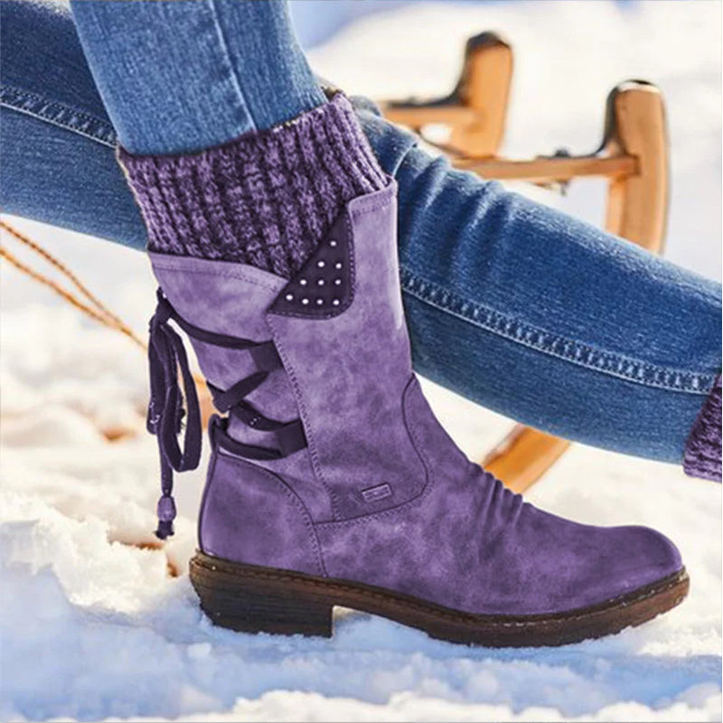 Ladies Trendy Mid-Calf Lace Up Snow Boots